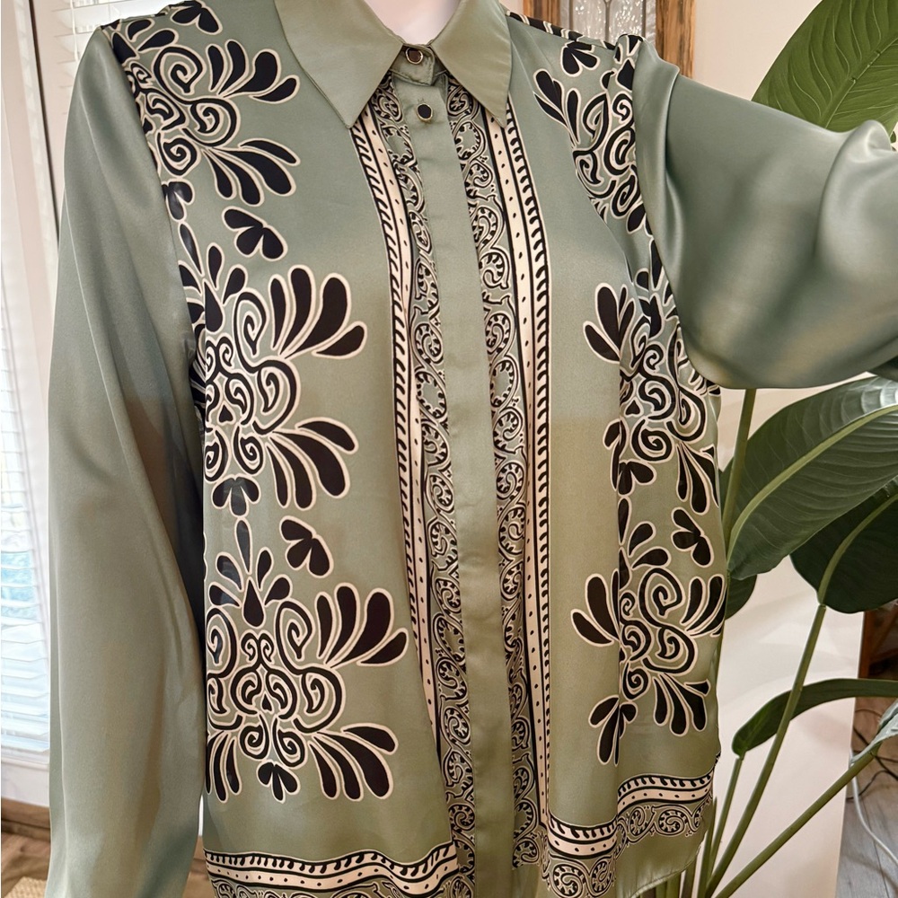 Zara Sage Green Blouse with Black & Cream Floral Motif
